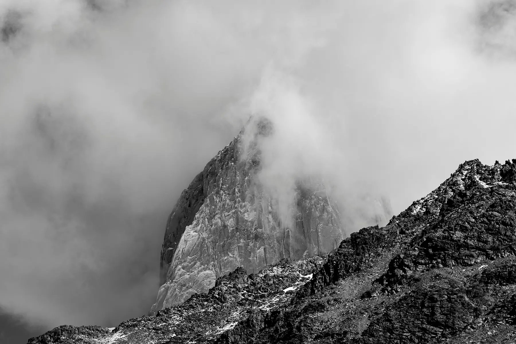 Cloud formations swirling around the summit of Fitz Roy.