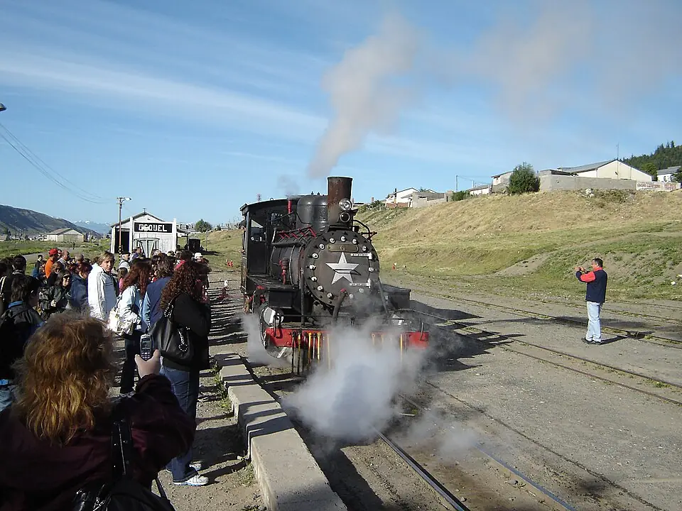 La Trochita steam train chugging through the open steppe near Esquel