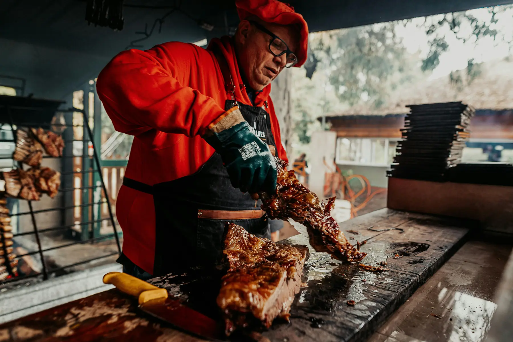 Grilled meats and sides laid out for a Patagonian asado feast.