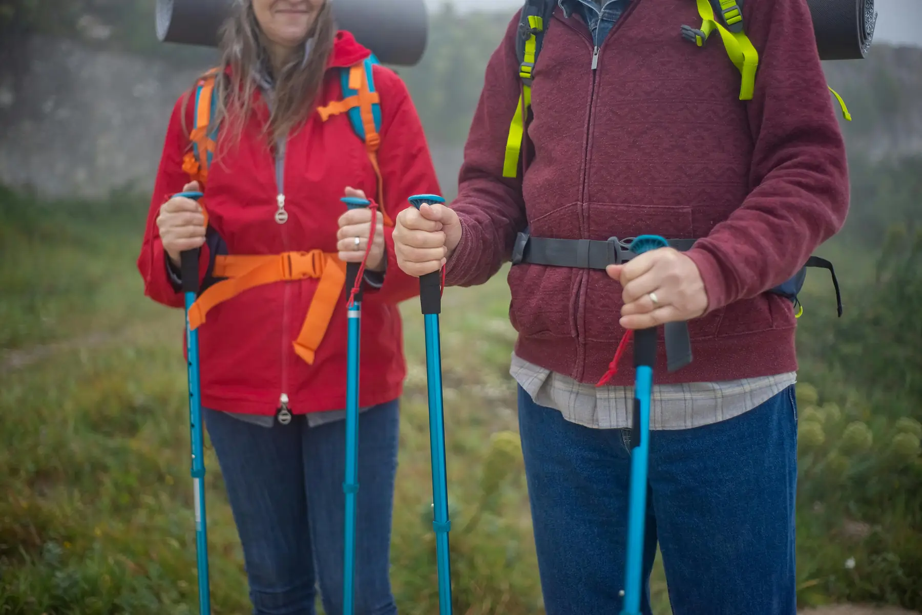 Trekking poles with lever-lock mechanisms secured for a windy Patagonian hike