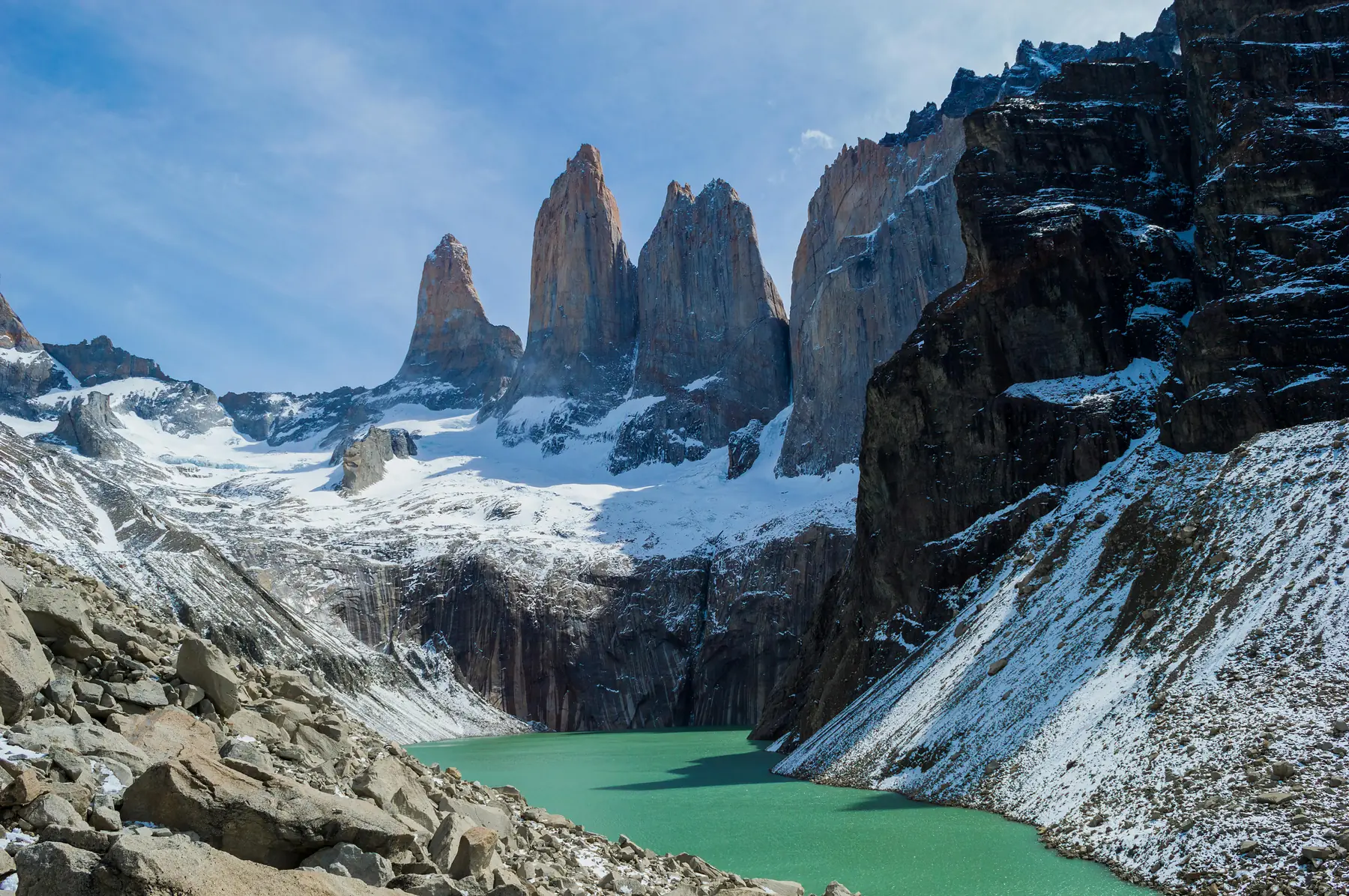 Sunrise light illuminating the granite towers at Mirador Las Torres